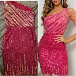 SHEIN Pink and Gold Sequin One-Shoulder Mini Dress